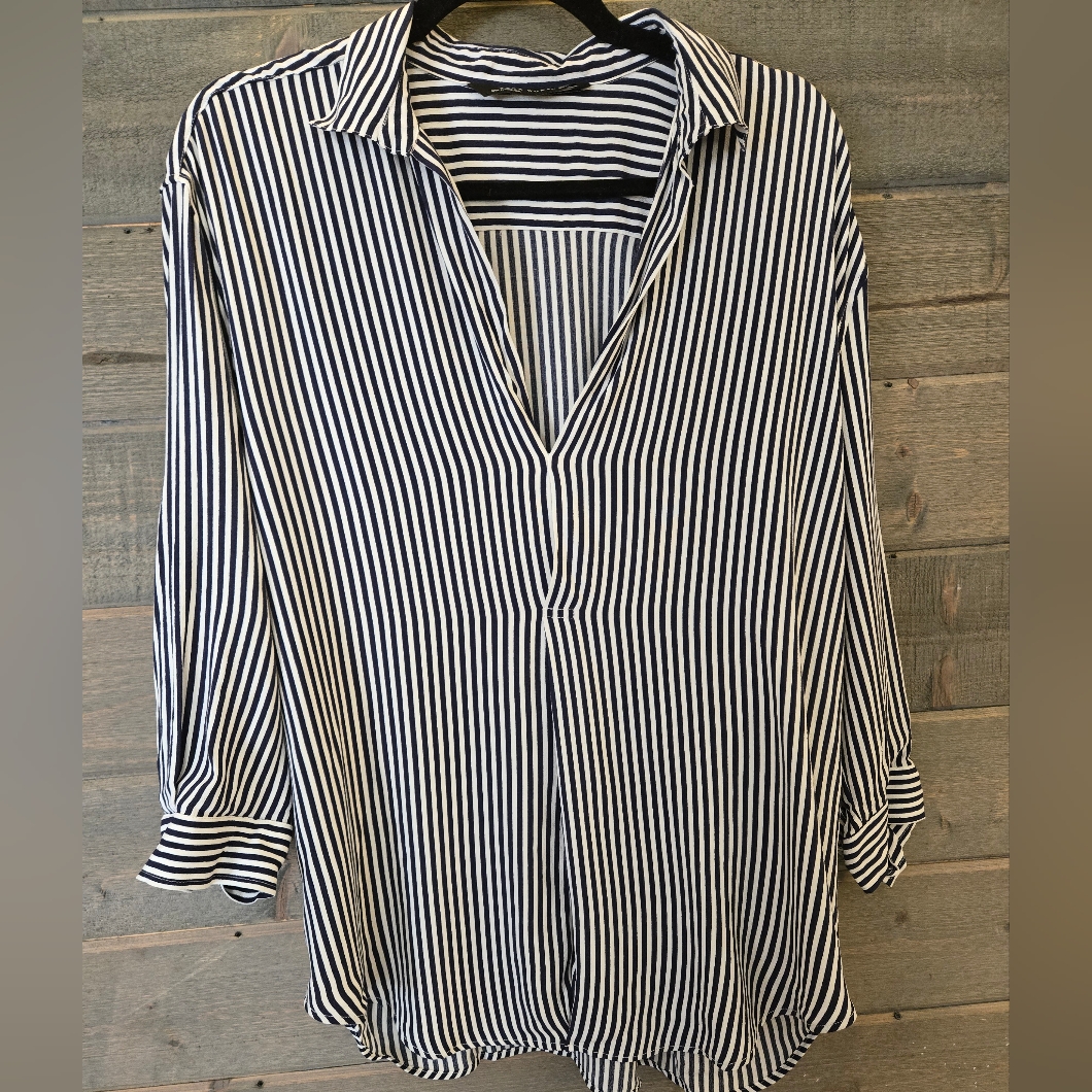 Zara Navy & White Striped Blouse - Size Small